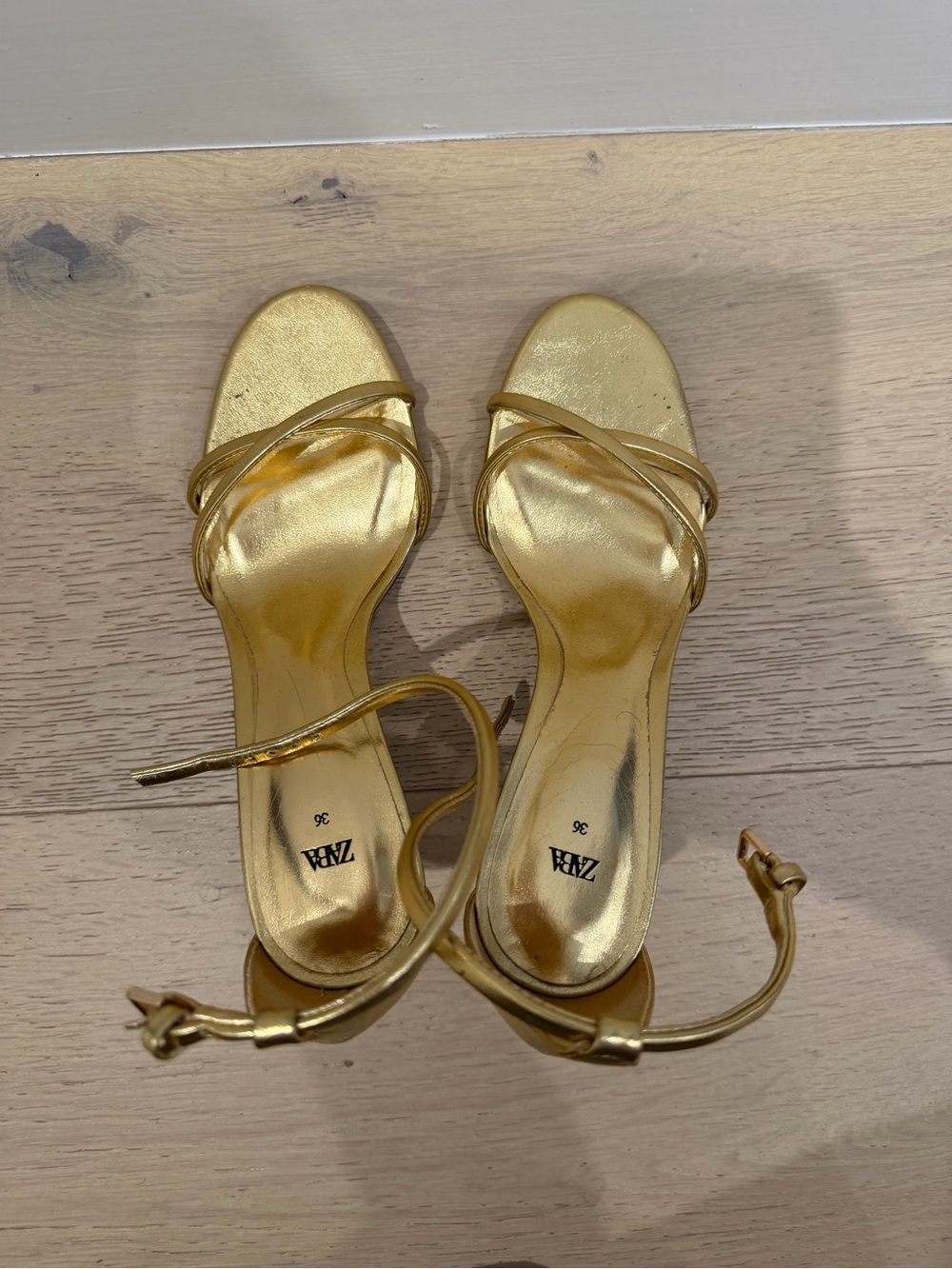 Zara Metallic Gold Strappy Ankle‑Tie Heels - Women's